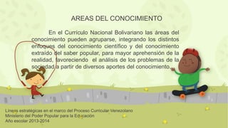Líneas estratégicas en el marco del Proceso Curricular Venezolano
Ministerio del Poder Popular para la Educación
Año escolar 2013-2014
AREAS DEL CONOCIMIENTO
En el Currículo Nacional Bolivariano las áreas del
conocimiento pueden agruparse, integrando los distintos
enfoques del conocimiento científico y del conocimiento
extraído del saber popular, para mayor aprehensión de la
realidad, favoreciendo el análisis de los problemas de la
sociedad a partir de diversos aportes del conocimiento.
 