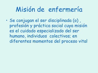 Misión de  enfermería Se conjugan el ser disciplinada (o) , profesión y práctica social cuya misión es el cuidado especializado del ser humano, individuos  colectivos; en diferentes momentos del proceso vital 
