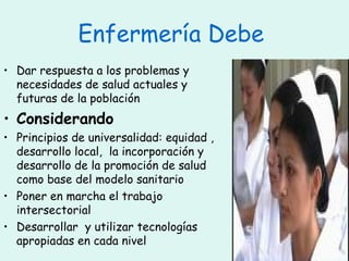 Enfermería Debe  Dar respuesta a los problemas y necesidades de salud actuales y futuras de la población   Considerando  Principios de universalidad: equidad , desarrollo local,  la incorporación y desarrollo de la promoción de salud como base del modelo sanitario Poner en marcha el trabajo intersectorial  Desarrollar  y utilizar tecnologías apropiadas en cada nivel  