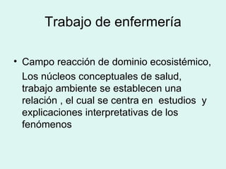 Trabajo de enfermería Campo reacción de dominio ecosistémico, Los núcleos conceptuales de salud, trabajo ambiente se establecen una relación , el cual se centra en  estudios  y explicaciones interpretativas de los fenómenos 