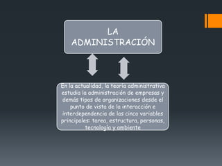 LA
ADMINISTRACIÓN
En la actualidad, la teoría administrativa
estudia la administración de empresas y
demás tipos de organizaciones desde el
punto de vista de la interacción e
interdependencia de las cinco variables
principales: tarea, estructura, personas,
tecnología y ambiente
 