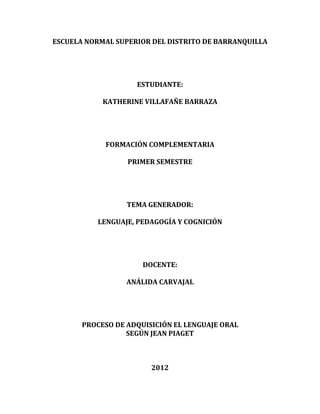 ESCUELA NORMAL SUPERIOR DEL DISTRITO DE BARRANQUILLA




                    ESTUDIANTE:

            KATHERINE VILLAFAÑE BARRAZA




            FORMACIÓN COMPLEMENTARIA

                  PRIMER SEMESTRE




                  TEMA GENERADOR:

          LENGUAJE, PEDAGOGÍA Y COGNICIÓN




                      DOCENTE:

                  ANÁLIDA CARVAJAL




       PROCESO DE ADQUISICIÓN EL LENGUAJE ORAL
                  SEGÚN JEAN PIAGET



                        2012
 