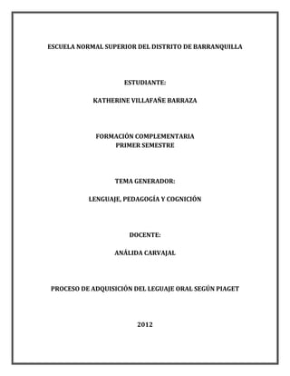 ESCUELA NORMAL SUPERIOR DEL DISTRITO DE BARRANQUILLA




                    ESTUDIANTE:

            KATHERINE VILLAFAÑE BARRAZA




            FORMACIÓN COMPLEMENTARIA
                PRIMER SEMESTRE




                 TEMA GENERADOR:

          LENGUAJE, PEDAGOGÍA Y COGNICIÓN




                     DOCENTE:

                 ANÁLIDA CARVAJAL




PROCESO DE ADQUISICIÓN DEL LEGUAJE ORAL SEGÚN PIAGET




                       2012
 
