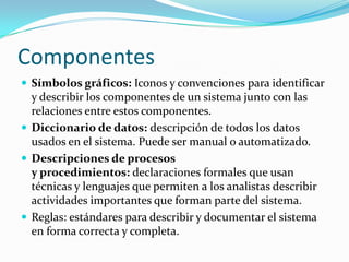 Componentes
 Símbolos gráficos: Iconos y convenciones para identificar
y describir los componentes de un sistema junto con las
relaciones entre estos componentes.
 Diccionario de datos: descripción de todos los datos
usados en el sistema. Puede ser manual o automatizado.
 Descripciones de procesos
y procedimientos: declaraciones formales que usan
técnicas y lenguajes que permiten a los analistas describir
actividades importantes que forman parte del sistema.
 Reglas: estándares para describir y documentar el sistema
en forma correcta y completa.
 