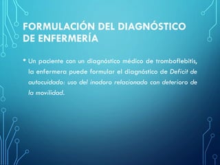 FORMULACIÓN DEL DIAGNÓSTICO
DE ENFERMERÍA
• Un paciente con un diagnóstico médico de tromboflebitis,
la enfermera puede formular el diagnóstico de Deficit de
autocuidado: uso del inodoro relacionado con deterioro de
la movilidad.
 