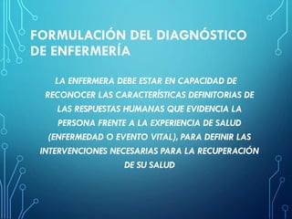 FORMULACIÓN DEL DIAGNÓSTICO
DE ENFERMERÍA
LA ENFERMERA DEBE ESTAR EN CAPACIDAD DE
RECONOCER LAS CARACTERÍSTICAS DEFINITORIAS DE
LAS RESPUESTAS HUMANAS QUE EVIDENCIA LA
PERSONA FRENTE A LA EXPERIENCIA DE SALUD
(ENFERMEDAD O EVENTO VITAL), PARA DEFINIR LAS
INTERVENCIONES NECESARIAS PARA LA RECUPERACIÓN
DE SU SALUD
 