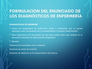 FORMULACION DEL ENUNCIADO DE
LOS DIAGNÓSTICOS DE ENFERMERÍA
DIAGNOSTICOS DE SINDROME
• Grupo de diagnósticos de enfermería reales o potenciales que se supone
aparecen como consecuencia de un acontecimiento o situación determinados.
• Estos diagnósticos son enunciados de una parte quiere decir que contiene en su
enunciado solamente la denominación diagnostica.
• Ejemplo:
Síndrome de traumatismo de la violación
Síndrome de estrés de traslado.
Síndrome de deterioro en la interpretación del entorno.
 