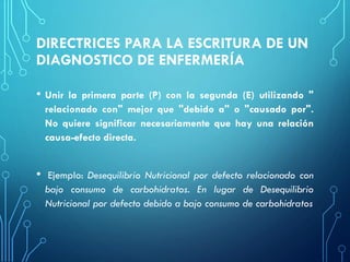 DIRECTRICES PARA LA ESCRITURA DE UN
DIAGNOSTICO DE ENFERMERÍA
• Unir la primera parte (P) con la segunda (E) utilizando "
relacionado con" mejor que "debido a" o "causado por".
No quiere significar necesariamente que hay una relación
causa-efecto directa.
• Ejemplo: Desequilibrio Nutricional por defecto relacionado con
bajo consumo de carbohidratos. En lugar de Desequilibrio
Nutricional por defecto debido a bajo consumo de carbohidratos
 