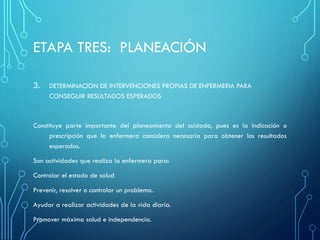ETAPA TRES: PLANEACIÓN
3. DETERMINACION DE INTERVENCIONES PROPIAS DE ENFERMERIA PARA
CONSEGUIR RESULTADOS ESPERADOS
Constituye parte importante del planeamiento del cuidado, pues es la indicación o
prescripción que la enfermera considera necesaria para obtener los resultados
esperados.
Son actividades que realiza la enfermera para:
Controlar el estado de salud
Prevenir, resolver o controlar un problema.
Ayudar a realizar actividades de la vida diaria.
Promover máxima salud e independencia.
 