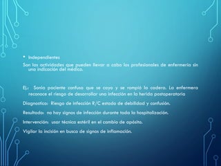 • Independientes
Son las actividades que pueden llevar a cabo los profesionales de enfermería sin
una indicación del médico.
Ej.: Sonia paciente confusa que se cayo y se rompió la cadera. La enfermera
reconoce el riesgo de desarrollar una infección en la herida postoperatoria
Diagnostico: Riesgo de infección R/C estado de debilidad y confusión.
Resultado: no hay signos de infección durante toda la hospitalización.
Intervención: usar técnica estéril en el cambio de apósito.
Vigilar la incisión en busca de signos de inflamación.
 