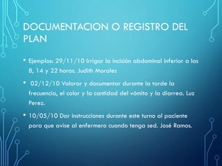 DOCUMENTACION O REGISTRO DEL
PLAN
• Ejemplos: 29/11/10 Irrigar la incisión abdominal inferior a las
8, 14 y 22 horas. Judith Morales
• 02/12/10 Valorar y documentar durante la tarde la
frecuencia, el color y la cantidad del vómito y la diarrea. Luz
Perez.
• 10/05/10 Dar instrucciones durante este turno al paciente
para que avise al enfermero cuando tenga sed. José Ramos.
 