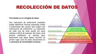 RECOLECCIÓN DE DATOS
Prioridades en la recogida de datos
Una valoración de enfermería completa
puede identificar muchas respuestas reales
o potenciales del usuario que exigen una
intervención de enfermería. La valoración
de cada una de ellas puede ser poco
realista o difícil de manejar. Por tanto, será
preciso establecer un sistema para
determinar que datos deben reunirse en
primer lugar. Uno de estos mecanismos es
la jerarquía de necesidades humanas.
 