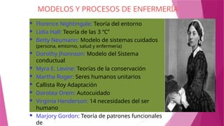  Florence Nightingale: Teoría del entorno
 Lidia Hall: Teoría de las 3 “C”
 Betty Neumann: Modelo de sistemas cuidados
(persona, emtorno, salud y enfermeria)
 Dorothy Jhonnson: Modelo del Sistema
conductual
 Myra E. Levine: Teorías de la conservación
 Martha Roger: Seres humanos unitarios
 Callista Roy Adaptación
 Dorotea Orem: Autocuidado
 Virginia Henderson: 14 necesidades del ser
humano
 Marjory Gordon: Teoría de patrones funcionales
de
MODELOS Y PROCESOS DE ENFERMERÍA
 