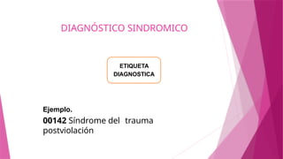 DIAGNÓSTICO SINDROMICO
ETIQUETA
DIAGNOSTICA
Ejemplo.
00142 Síndrome del trauma
postviolación
 