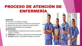 PROFESIÓN:
 Promueve un trabajo en equipo
 Compartir conocimientos y mejorar la comunicación
 Disminución de costos y reduce la estancia clínica
 Facilita la identificación de la profesión
COMPETENCIAS
 Conocimientos: Actualización permanente, actuación
segura y científica
 Habilidades: manuales, intelectuales e interpersonales
 Actitudes: deseo y capacidad de realizar una acción
PROCESO DE ATENCIÓN DE
ENFERMERÍA
 