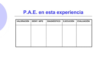 P.A.E. en esta experiencia
EVALUACIÓNEJECUCIÓNDIAGNÓSTICOIDENT. NIPSVALORACIÓN
 