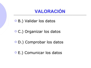 VALORACIÓN
 B.) Validar los datos
 C.) Organizar los datos
 D.) Comprobar los datos
 E.) Comunicar los datos
 