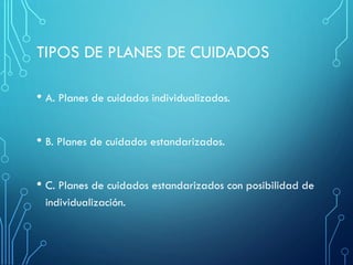 TIPOS DE PLANES DE CUIDADOS
• A. Planes de cuidados individualizados.
• B. Planes de cuidados estandarizados.
• C. Planes de cuidados estandarizados con posibilidad de
individualización.
 