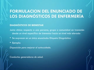 FORMULACION DEL ENUNCIADO DE
LOS DIAGNÓSTICOS DE ENFERMERÍA
DIAGNÓSTICOS DE BIENESTAR
Juicio clínico respecto a una persona, grupo o comunidad en transición
desde un nivel específico de bienestar hacia un nivel más elevado
• Se expresan en un único enunciado: Etiqueta Diagnóstica
• Ejemplo:
Disposición para mejorar el autocuidado.
Conductas generadoras de salud.
 