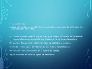 • Independientes
Son las actividades que pueden llevar a cabo los profesionales de enfermería sin
una indicación del médico.
Ej.: Sonia paciente confusa que se cayo y se rompió la cadera. La enfermera
reconoce el riesgo de desarrollar una infección en la herida postoperatoria
Diagnostico: Riesgo de infección R/C estado de debilidad y confusión.
Resultado: no hay signos de infección durante toda la hospitalización.
Intervención: usar técnica estéril en el cambio de apósito.
Vigilar la incisión en busca de signos de inflamación.
 