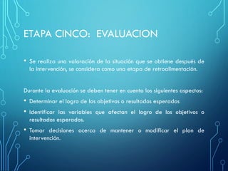 ETAPA CINCO: EVALUACION
• Se realiza una valoración de la situación que se obtiene después de
la intervención, se considera como una etapa de retroalimentación.
Durante la evaluación se deben tener en cuenta los siguientes aspectos:
• Determinar el logro de los objetivos o resultados esperados
• Identificar las variables que afectan el logro de los objetivos o
resultados esperados.
• Tomar decisiones acerca de mantener o modificar el plan de
intervención.
 