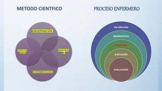 METODO CIENTFICO
OBSERVACIÓN
HIPOTESI
S
EXPERIMENTACIÓN
CONCLUSI
ONES
PROCESO ENFERMERO
VALORACIÓN
DIAGNOSTICO
PLANEACIÓN
EJECUCIÓN
EVALUACIÓN
 