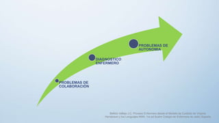 PROBLEMAS DE
COLABORACIÓN
DIAGNOSTICO
ENFERMERO
PROBLEMAS DE
AUTONOMIA
Bellido Vallejo J.C. Proceso Enfermero desde el Modelo de Cuidado de Virginia
Henderson y los Lenguajes NNN, 1ra ed Ilustre Colegio de Enfermeía de Jaén; España
 