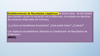 Establecimiento de Resultados (objetivos) de forma clara, de tal manera
que orienten y guíen la actuación de la enfermera, formulados en términos
de conducta observable del individuo.
❑ ¿Cómo se beneficiará el paciente? ¿Qué podrá hacer? ¿Cuándo?
Los objetivos se establecen utilizando la Clasificación de Resultados de
Enfermería
(NOC).
 