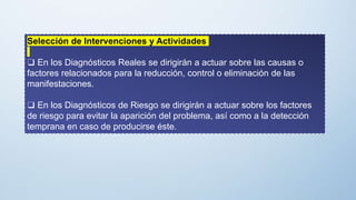 Selección de Intervenciones y Actividades
❑ En los Diagnósticos Reales se dirigirán a actuar sobre las causas o
factores relacionados para la reducción, control o eliminación de las
manifestaciones.
❑ En los Diagnósticos de Riesgo se dirigirán a actuar sobre los factores
de riesgo para evitar la aparición del problema, así como a la detección
temprana en caso de producirse éste.
 
