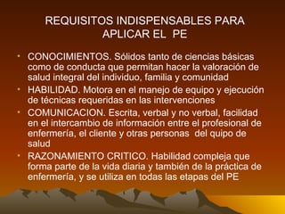 CONOCIMIENTOS. Sólidos tanto de ciencias básicas como de conducta que permitan hacer la valoración de salud integral del individuo, familia y comunidad HABILIDAD. Motora en el manejo de equipo y ejecución de técnicas requeridas en las intervenciones COMUNICACION. Escrita, verbal y no verbal, facilidad en el intercambio de información entre el profesional de enfermería, el cliente y otras personas  del quipo de salud RAZONAMIENTO CRITICO. Habilidad compleja que forma parte de la vida diaria y también de la práctica de enfermería, y se utiliza en todas las etapas del PE  REQUISITOS INDISPENSABLES PARA APLICAR EL  PE 