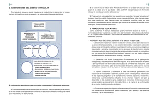 40 41
2. COMPONENTES DEL DISEÑO CURRICULAR
En el siguiente esquema puede visualizarse el conjunto de los elementos (o compo-
nentes) del diseño curricular propuesto y las relaciones entre estos elementos.
A continuación describimos cada uno de los componentes. Subrayando antes que:
1. Las finalidades educativas forman parte del currículo, si se nos pierden por el camino,
si se nos olvidan o no aparecen en la vida real, la educación pierde su rumbo y se vuelve
puro mecanismo, se deshumaniza.
FINALIDADES
EDUCATIVAS
CADA ÁREA DE FORMACIÓN SE
ORGANIZA EN UNIDADES DE
APRENDIZAJE, QUE SE COMPONEN DE:
•	 TEMAS GENERADORES
•	 REFERENTES TEÓRICOS-PRÁCTICOS
•	 MOMENTOS DE SISTEMATIZACIÓN,
CONCEPTUALIZACIÓN Y
GENERALIZACIÓN
ÁREAS DE FORMACIÓN
REFERENTES
ÉTICOS Y
PROCESOS
INDISPENSABLES
TEMAS O
PROBLEMÁTICAS
INDISPENSABLES
2. El currículo no se reduce a las Áreas de Formación, no se trata sólo de que cada
quien de su clase, sino de que todas y todos JUNTOS trabajemos para la formación
integral de nuestras y nuestros adolescentes.
3. Para que todo esto salga bien hay que esforzarse y estudiar. No para “actualizarse”
o adquirir más información o aprenderse nuevas maneras de llamar a las mismas cosas,
sino para transformar, para hacerse sujeto con soberanía cognitiva, cada vez más
consciente y sensible de la acción educativa que, como no se cansaba de señalar Simón
Rodríguez, no es solamente instrucción.
3. FINALIDADES EDUCATIVAS
Como acabamos de indicar, éstas son la guía fundamental de toda la acción y
no meras palabras. Copiamos aquí de nuevo las finalidades educativas que plantea
la Ley Orgánica de Educación y los puntos que resaltamos en la exposición de los
referentes jurídicos.
Finalidades de la educación, planteadas en el artículo 15 de la LOE:
1. Desarrollar el potencial creativo de cada ser humano para el pleno ejercicio de
su personalidad y ciudadanía, en una sociedad democrática basada en la valoración
ética y social del trabajo liberador y en la participación activa, consciente, protagónica,
responsable y solidaria, comprometida con los procesos de transformación social y
consustanciada con los principios de soberanía y autodeterminación de los pueblos,
con los valores de la identidad local, regional, nacional, con una visión indígena,
afrodescendiente, latinoamericana, caribeña y universal.
2. Desarrollar una nueva cultura política fundamentada en la participación
protagónica y el fortalecimiento del Poder Popular, en la democratización del saber
y en la promoción de la escuela como espacio de formación de ciudadanía y de
participación comunitaria, para la reconstrucción del espíritu público en los nuevos
republicanos y en las nuevas republicanas con profunda conciencia del deber social.
3. Formar ciudadanos y ciudadanas a partir del enfoque geohistórico con
conciencia de nacionalidad y soberanía, aprecio por los valores patrios, valorización
de los espacios geográficos y de las tradiciones, saberes populares, ancestrales,
artesanales y particularidades culturales de las diversas regiones del país y
desarrollar en los ciudadanos y las ciudadanas la conciencia de Venezuela como
país energético y especialmente hidrocarburífero, en el marco de la conformación
de un nuevo modelo productivo endógeno.
4.Fomentarelrespetoaladignidaddelaspersonasylaformacióntransversalizada
por valores éticos de tolerancia, justicia, solidaridad, paz, respeto a los derechos
humanos y la no discriminación.
 