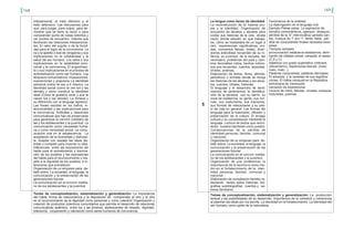 168 169
interpersonal, el trato ofensivo y el
trato defensivo. Las discusiones para
que: para juzgar, para culpar, para de-
mostrar que se tiene la razón o para
comprender punto de vistas distintos y
ver puntos de encuentro. Valores que
favorecen las relaciones interpersona-
les. El valor del orgullo o de la humil-
dad para el logro de la convivencia. La
ira y el apetito o sed de venganza y sus
implicaciones en la cotidianidad y la
salud del ser humano. Los celos y sus
implicaciones en la estabilidad emo-
cional y la convivencia. El engreimien-
to y sus implicaciones en el proceso de
autorealización como ser humano. Los
bloqueos comunicativos: imposiciones,
suposiciones y prejuicios La identidad
personal (cómo te ves a tí mismo), La
identidad social (como te ven los y las
demás) y cómo construir la identidad
ideal (Cómo te gustaría verte y que te
vieran los y las demás). La firmeza y
su diferencia con el lenguaje agresivo.
Las frases escritas en los baños, in-
tencionalidad y las implicaciones para
la convivencia. Actitudes y relaciones
comunicativas que han de preservarse
para garantizar el convivir cotidiano de
las y los adolescentes y la juventud. La
comunicación como necesidad huma-
na y como necesidad social. La comu-
nicación oral en la adolescencia. La
aceptación de la diversidad y disfrutar-
la. Aceptar con respeto las ideas dis-
tintas o competir para imponer tu idea.
Diferencias entre las expresiones del
habla para el sometimiento y domina-
ción de los pueblos y las expresiones
del habla para el reconocimiento y res-
peto a la dignidad de los pueblos, e in-
tenciones que prevalecen.
Organización de un simposio para de-
batir sobre. La sociedad, el lenguaje, la
comunicación y la preservación de las
generaciones futuras
La comunicación en el convivir cotidia-
no de los adolescentes y la juventud.
Temas de conceptualización, sistematización y generalización: La importancia
del habla, forma de relacionarnos y la disposición de comprender al otro y la otra
en el reconocimiento de la dignidad como personas y como colectivo Organización y
creación de productos colectivos comunitarios que permita el desarrollo de relaciones
comunicativas auténtica entre los y las jóvenes, adolescentes de respeto, dignidad,
tolerancia, cooperación y valoración como seres humanos de convivencia.
5
La lengua como factor de identidad
La reconstrucción de la historia pro-
pia y la identidad. Organización de
encuentro de abuelos y abuelas para
contar sus historias de la vida dónde
nació, dónde estudió, en qué trabaja-
ba, cómo se trasladaba de un lugar a
otro, experiencias significativas vivi-
das, momentos felices, tristes, diver-
siones anécdotas recuerdan de su in-
fancia, su juventud, de la escuela, del
vecindario, problemas del país y cam-
bios favorables vistos, hechos noticio-
sos que recuerdan, cuentos, leyendas,
chistes, poemas.
Elaboración de textos, libros, afiches,
periódicos o revistas donde se recoja
las historias de las abuelas y los abue-
los: cuentos, chistes, historias,
El lenguaje y el desarrollo de senti-
mientos de pertenencia: la identifica-
ción de la persona con su barrio, su
zona de residencia, su gente, sus nor-
mas, sus costumbres, sus traiciones,
sus formas de relacionarse y su esti-
lo de vida en general. Las formas del
lenguaje para la trasmisión, difusión y
preservación de la cultura. El arraigo
cultural y su consolidación mediante el
lenguaje. Lectura de textos que reivin-
dican nuestra identidad como pueblo.
Consecuencias de la pérdida de
identidad personal, familiar, comunal
y nacional.
Organización de un simposio para de-
batir sobre. La sociedad, el lenguaje, la
comunicación y la preservación de las
generaciones futuras
La comunicación en el convivir cotidia-
no de los adolescentes y la juventud.
Organización de una conferencia: la
importancia de la escritura como me-
dio en el fortalecimiento de la iden-
tidad personal, familiar, comunal y
nacional
Elaboración de compilación familiar re-
dactando textos sobre historias, bio-
grafías, autobiografías, cuentos y sa-
beres familiares
Fenómenos de la oralidad
La diptongación en el lenguaje oral.
Ejemplo Pelear-peliar. La aspiración de
sonidos consonánticos, ojsequio- obsequio,
pérdida de la “d” intervocálica cantado-can-
tao, trueque de “l” por “r”, farda- falda., pér-
dida de consonantes finales necesida-nece-
sidad.
Tiempos verbales
pronunciación estabanos-estabamos, elimi-
nación de sílabas cansá- cansada, el seseo
(Z,S y C)
Adjetivos con grado superlativo (chévere,
cheverísimo), repeticiones léxicas: (malo,
malo, malo...).
Palabras compuestas, palabras derivadas.
El adverbio. y la variedad de sus significa-
ciones. El habla coloquial en la República
bolivariana de Venezuela.
narración de experiencias
Lectura de mitos, fabulas, novelas, ensayos,
historietas, poemas.
Temas de conceptualización, sistematización y generalización: La producción
textual y las posibilidades de su desarrollo. Importancia de la cohesión y coherencia
al plasmar las ideas por vía escrita. La identidad en el fortalecimiento. La identidad del
ser humano como parte de la naturaleza.
 