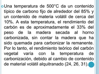 Una temperatura de 500°C da un contenido típico de carbono fijo de alrededor del 85% y un contenido de materia volátil de cerca del 10%. A esta temperatura, el rendimiento del carbón es de aproximadamente el 33% del peso de la madera secada al horno carbonizada, sin contar la madera que ha sido quemada para carbonizar la remanente. Por lo tanto, el rendimiento teórico del carbón vegetal varía con la temperatura de carbonización, debido al cambio de contenido de material volátil alquitranado (24, 26, 31). 