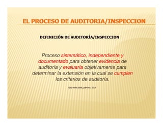 Proceso sistemático, independiente y
  documentado para obtener evidencia de
   auditoría y evaluarla objetivamente para
determinar la extensión en la cual se cumplen
           los criterios de auditoría.
                ISO 9000:2000, párrafo. 3.9.1
                               párrafo.




                                                7
 