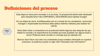 Definiciones del proceso
Esta etapa es clave para concretar o no la venta. Ya el potencial cliente está interesado
pero necesita tener más CONFIANZA y SEGURIDAD para ingresar el pago!
Es una etapa de cierre, AutoRepuestos.com.ar a través de sus vendedores, community
manager o responsable ecommerce debe aplicar distintos métodos para realizar los
cierres.
Sería ideal volver a contactarse con el potencial cliente algunos días después de que
realizó la consulta y le respondimos! Es posible que haya quedado con alguna duda o
temor! Podemos tener armado un mensaje que por ejemplo día:
“Buenos días! Hace unos días nos contactaste porque estabas interesado en nuestros
productos, te podemos ayudar en algo más? Necesitas más información?”
Etapa
1
 