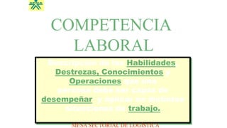 D
Des
esc
crip
ripció
ción
n d
de
e la
las
s ,
,
y
y
q
qu
ue
e u
una
na
pe
per
rs
so
ona
na d
deb
ebe
e
s
ser
er c
c
ap
ap
a
z
a
zde
de
y
y ap
apli
lic
ca
ar
r e
en
n
d
d
i
s
i
s
t
t
i
n
t
i
n
t
a
a
s
s
ssituituaacioncioneessd
d
e
e
COMPETENCIA
LABORAL
Descripción de las Habilidades,
Destrezas, Conocimientos y
Operaciones que una
persona debe ser capaz de
desempeñar y aplicar en distintas
situaciones de trabajo.
MESA SECTORIAL DE LOGÍSTICA
 