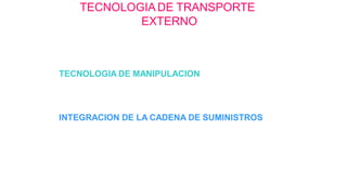 TECNOLOGIA DE TRANSPORTE
EXTERNO
*Incrementar el grado de utilización de medios unitarizadores.
*Capacitar el personal en la gestión y operación del transporte externo.
*Utilización de tecnología de información en la gestión del transporte
externo.
TECNOLOGIA DE MANIPULACION
*Analizar el grado de mecanización de las actividades de manipulación y
estudiar la conveniencia de incrementarlo.
*Capacitar el personal en tecnología de manipulación.
INTEGRACION DE LA CADENA DE SUMINISTROS
*Mejorar el sistema de conexión con los proveedores.
*Estudiar las conveniencias de establecer alianzas estratégicas y tácticas
con proveedores y con clientes.
Mejorar substancialmente la logística de reciclaje.
Formular planes logísticos en forma coordinada con los intervinientes de
la empresa.
 