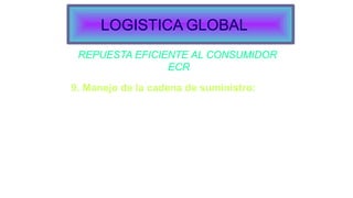 REPUESTA EFICIENTE AL CONSUMIDOR
ECR
9. Manejo de la cadena de suministro:
El manejo de la información, producto y flujo de caja
de la cadena de suministro, comenzando desde los
proveedores de materia prima a el anaquel de la
tienda a dinero en el banco.
LOGISTICA GLOBAL
 