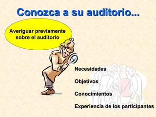 Conozca a su auditorio... Averiguar previamente sobre el auditorio Necesidades Objetivos Conocimientos Experiencia de los participantes 