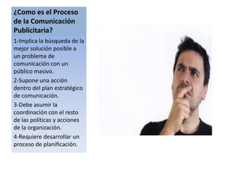 ¿Como es el Proceso 
de la Comunicación 
Publicitaria? 
1-Implica la búsqueda de la 
mejor solución posible a 
un problema de 
comunicación con un 
público masivo. 
2-Supone una acción 
dentro del plan estratégico 
de comunicación. 
3-Debe asumir la 
coordinación con el resto 
de las políticas y acciones 
de la organización. 
4-Requiere desarrollar un 
proceso de planificación. 
 