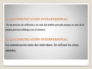 1.- LA COMUNICACIÓN INTRAPERSONAL:
Es un proceso de reflexión y no sale del ámbito privado porque no sale de la
propia persona (diálogo con el mismo).
2.- LA COMUNICACIÓN INTERPERSONAL:
La comunicación entre dos individuos. Se utilizan los cinco
sentidos.
18
 