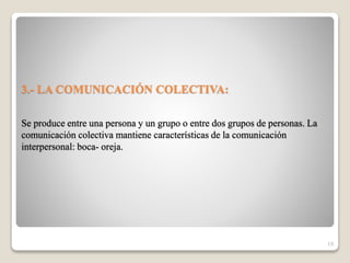 3.- LA COMUNICACIÓN COLECTIVA:
Se produce entre una persona y un grupo o entre dos grupos de personas. La
comunicación colectiva mantiene características de la comunicación
interpersonal: boca- oreja.
19
 