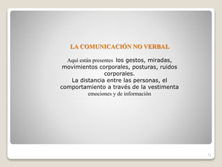 21
LA COMUNICACIÓN NO VERBAL
Aquí están presentes los gestos, miradas,
movimientos corporales, posturas, ruidos
corporales.
La distancia entre las personas, el
comportamiento a través de la vestimenta
emociones y de información
 