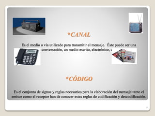 *CANAL
Es el medio o vía utilizado para transmitir el mensaje. Éste puede ser una
conversación, un medio escrito, electrónico, etc.
*CÓDIGO
Es el conjunto de signos y reglas necesarios para la elaboración del mensaje tanto el
emisor como el receptor han de conocer estas reglas de codificación y descodificación.
8
 