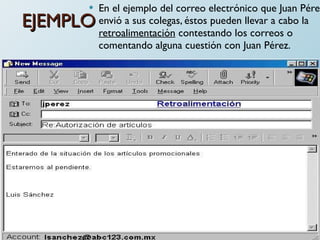 EJEMPLO En el ejemplo del correo electrónico que Juan Pérez envió a sus colegas, éstos pueden llevar a cabo la  retroalimentación  contestando los correos o comentando alguna cuestión con Juan Pérez. 
