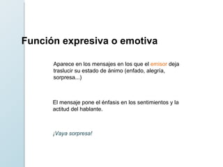 Función expresiva o emotiva Aparece en los mensajes en los que el  emisor  deja traslucir su estado de ánimo (enfado, alegría, sorpresa...) El mensaje pone el énfasis en los sentimientos y la actitud del hablante. ¡Vaya sorpresa! Funciones del lenguaje 