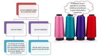 LO QUE DEBEMOS SABER
DE LA MATERIA PRIMA
HILO DE FONDO
Se conoce así a los hilos
que se utilizan en el tejido
para que queden derechos
los calcetines y son por lo
general de algodón, lana
acrílico, poliester.
HILO DE VANISADO
Hilo de nylon o lycra que
queda al reves del calcetín.
El elastano, licra o
spandex es una fibra
sintética conocida por
su gran elasticidad y
resistencia.
 