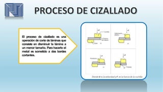 El proceso de cizallado es una
operación de corte de láminas que
consiste en disminuir la lámina a
un menor tamaño. Para hacerlo el
metal es sometido a dos bordes
cortantes.
 