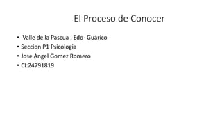 El Proceso de Conocer
• Valle de la Pascua , Edo- Guárico
• Seccion P1 Psicologia
• Jose Angel Gomez Romero
• CI:24791819
 