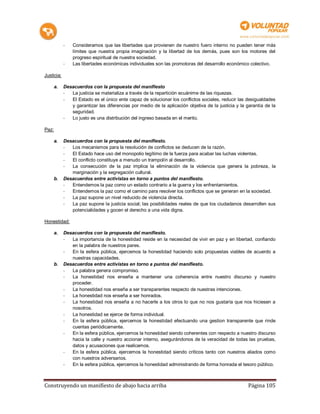 -   Consideramos que las libertades que provienen de nuestro fuero interno no pueden tener más
                límites que nuestra propia imaginación y la libertad de los demás, pues son los motores del
                progreso espiritual de nuestra sociedad.
            -   Las libertades económicas individuales son las promotoras del desarrollo económico colectivo.

Justicia:

       a.   Desacuerdos con la propuesta del manifiesto
            -  La justicia se materializa a través de la repartición ecuánime de las riquezas.
            -  El Estado es el único ente capaz de solucionar los conflictos sociales, reducir las desigualdades
               y garantizar las diferencias por medio de la aplicación objetiva de la justicia y la garantía de la
               seguridad.
            -  Lo justo es una distribución del ingreso basada en el merito.

Paz:

       a.   Desacuerdos con la propuesta del manifiesto.
            -  Los mecanismos para la resolución de conflictos se deducen de la razón.
            -  El Estado hace uso del monopolio legítimo de la fuerza para acabar las luchas violentas.
            -  El conflicto constituye a menudo un trampolín al desarrollo.
            -  La consecución de la paz implica la eliminación de la violencia que genera la pobreza, la
               marginación y la segregación cultural.
       b.   Desacuerdos entre activistas en torno a puntos del manifiesto.
            -  Entendemos la paz como un estado contrario a la guerra y los enfrentamientos.
            -  Entendemos la paz como el camino para resolver los conflictos que se generan en la sociedad.
            -  La paz supone un nivel reducido de violencia directa.
            -  La paz supone la justicia social; las posibilidades reales de que los ciudadanos desarrollen sus
               potencialidades y gocen el derecho a una vida digna.

Honestidad:

       a.   Desacuerdos con la propuesta del manifiesto.
            -  La importancia de la honestidad reside en la necesidad de vivir en paz y en libertad, confiando
               en la palabra de nuestros pares.
            -  En la esfera pública, ejercemos la honestidad haciendo solo propuestas viables de acuerdo a
               nuestras capacidades.
       b.   Desacuerdos entre activistas en torno a puntos del manifiesto.
            -  La palabra genera compromiso.
            -  La honestidad nos enseña a mantener una coherencia entre nuestro discurso y nuestro
               proceder.
            -  La honestidad nos enseña a ser transparentes respecto de nuestras intenciones.
            -  La honestidad nos enseña a ser honrados.
            -  La honestidad nos enseña a no hacerle a los otros lo que no nos gustaría que nos hiciesen a
               nosotros.
            -  La honestidad se ejerce de forma individual.
            -  En la esfera pública, ejercemos la honestidad efectuando una gestion transparente que rinde
               cuentas periódicamente.
            -  En la esfera pública, ejercemos la honestidad siendo coherentes con respecto a nuestro discurso
               hacia la calle y nuestro accionar interno, asegurándonos de la veracidad de todas las pruebas,
               datos y acusaciones que realicemos.
            -  En la esfera pública, ejercemos la honestidad siendo críticos tanto con nuestros aliados como
               con nuestros adversarios.
            -  En la esfera pública, ejercemos la honestidad administrando de forma honrada el tesoro público.



Construyendo un manifiesto de abajo hacia arriba                                                    Página 105
 